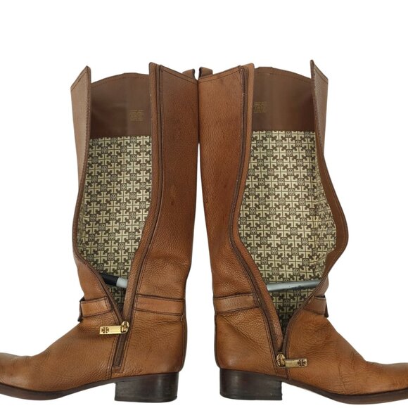 Tory Burch Amanda Tall Riding Boots READ Brown Leather Size 6.5 Side Zip Logo - Picture 10 of 15
